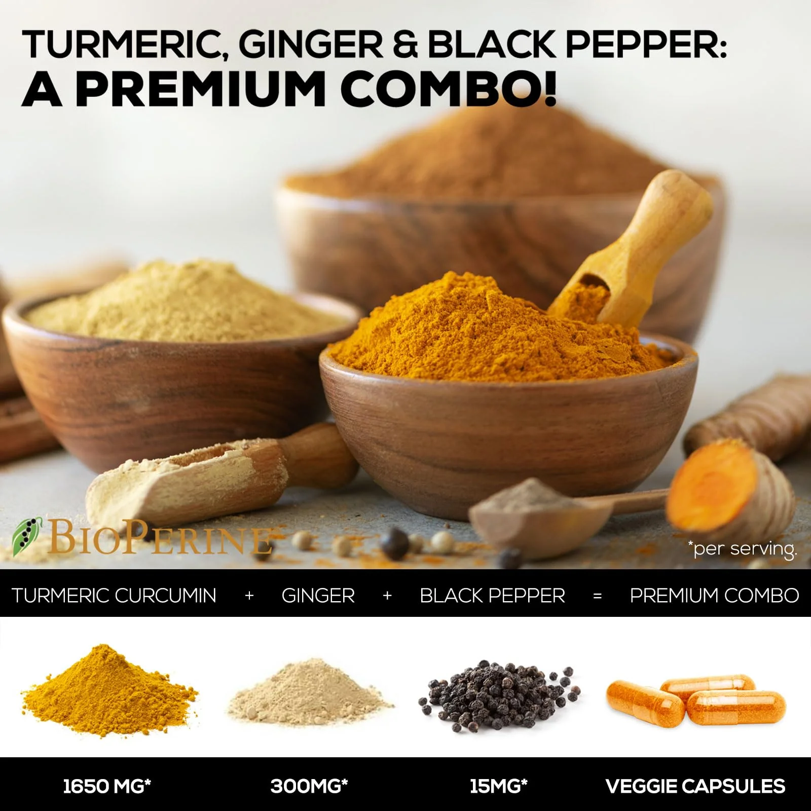 Turmeric Curcumin with BioPerine & Ginger 95% Standardized Curcuminoids 1950mg - Black Pepper for Max Absorption, Herbal Joint Support, Nature's Tumeric Extract Supplement, Vegan - 240 Capsules - Image 4