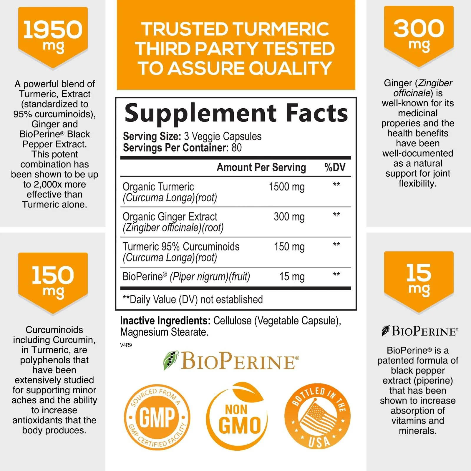 Turmeric Curcumin with BioPerine & Ginger 95% Standardized Curcuminoids 1950mg - Black Pepper for Max Absorption, Herbal Joint Support, Nature's Tumeric Extract Supplement, Vegan - 240 Capsules - Image 8