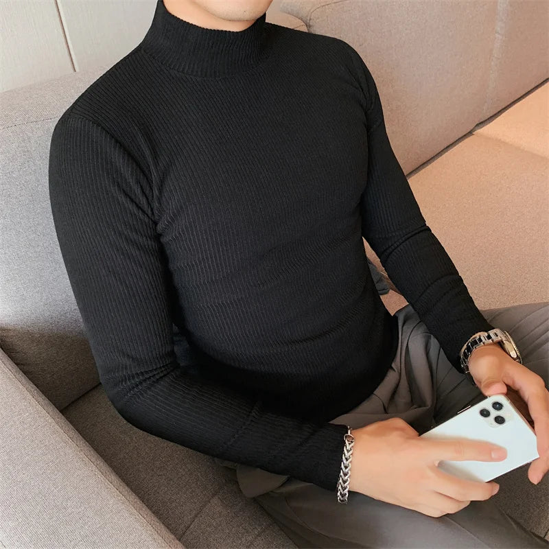 Turtleneck Men Autumn Winter Long Sleeve T Shirt For Men Clothing Simple Slim Fit Casual Men's T-shirts Striped High Quality Hot - Image 3
