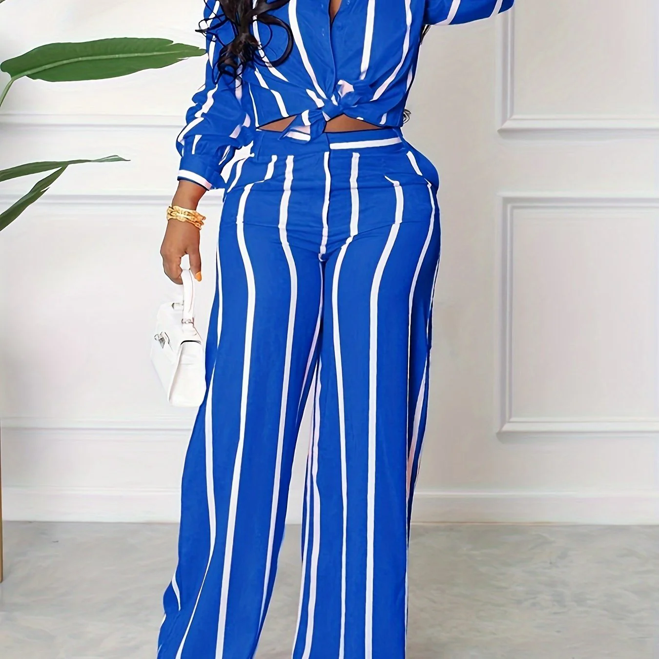 [Two-piece Set Long Sleeve Shirt] Striped Print Two-piece Set, Button Front Collar Long Sleeve Shirt & High Waist Wide Leg Loose Pants Set, Women's Clothing - Image 11