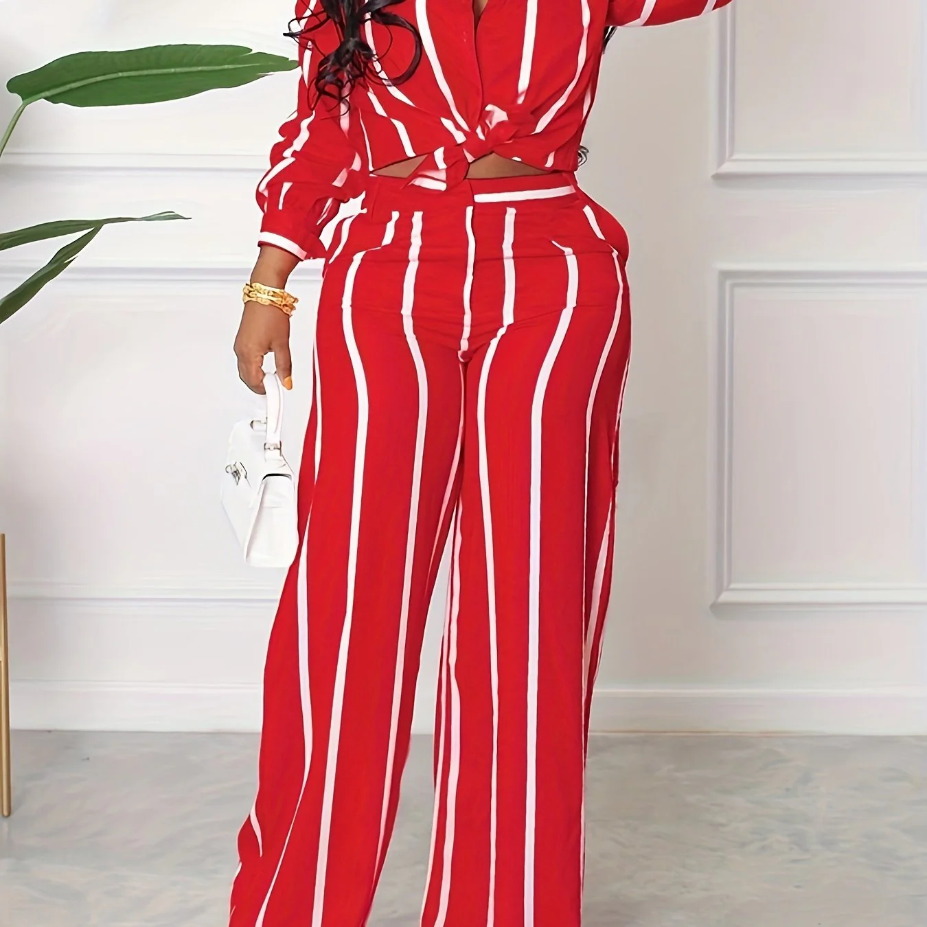 [Two-piece Set Long Sleeve Shirt] Striped Print Two-piece Set, Button Front Collar Long Sleeve Shirt & High Waist Wide Leg Loose Pants Set, Women's Clothing - Image 14