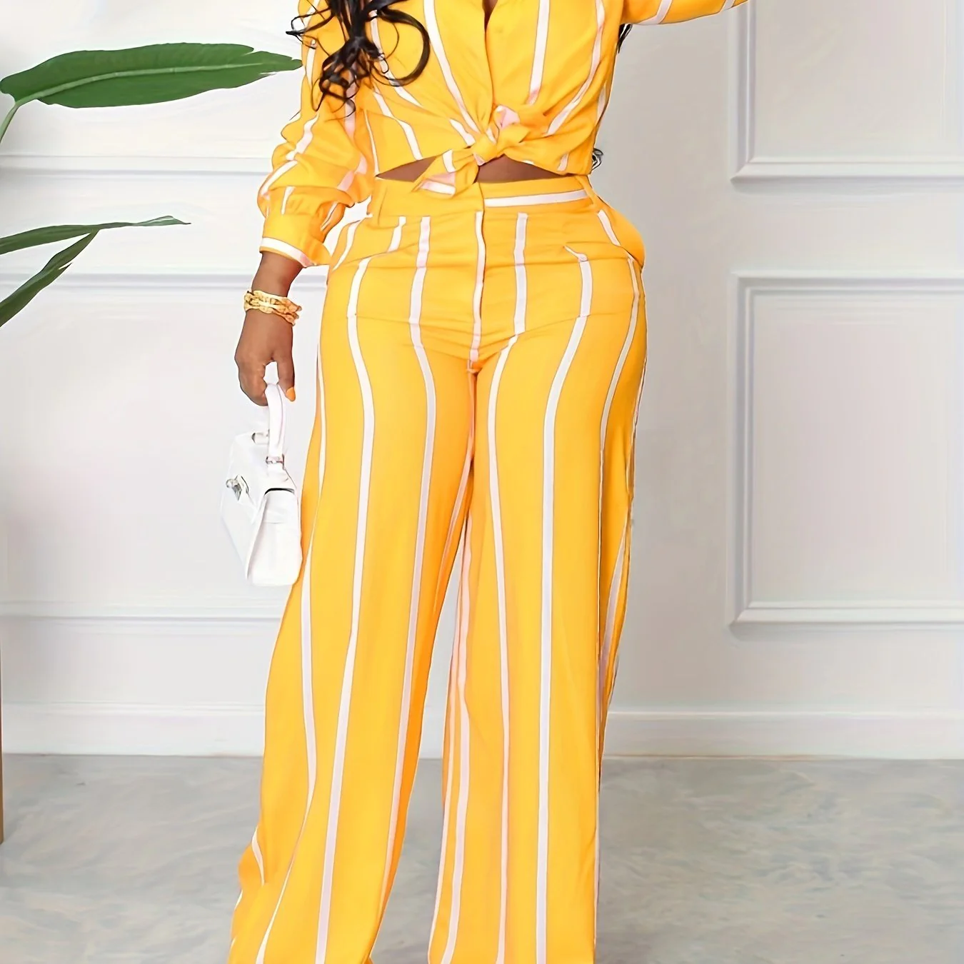 [Two-piece Set Long Sleeve Shirt] Striped Print Two-piece Set, Button Front Collar Long Sleeve Shirt & High Waist Wide Leg Loose Pants Set, Women's Clothing - Image 16