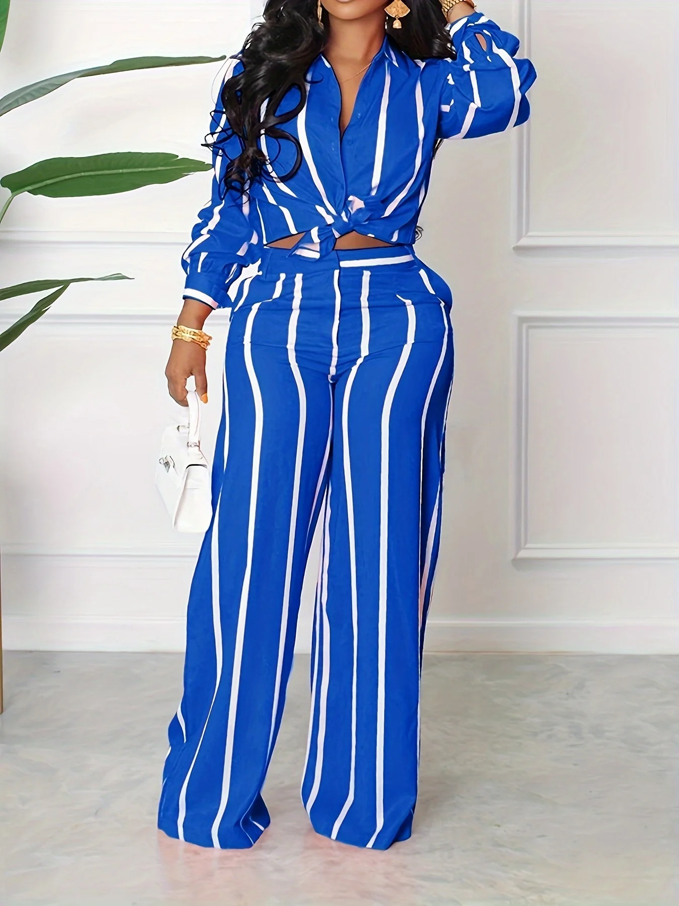 [Two-piece Set Long Sleeve Shirt] Striped Print Two-piece Set, Button Front Collar Long Sleeve Shirt & High Waist Wide Leg Loose Pants Set, Women's Clothing - Image 2