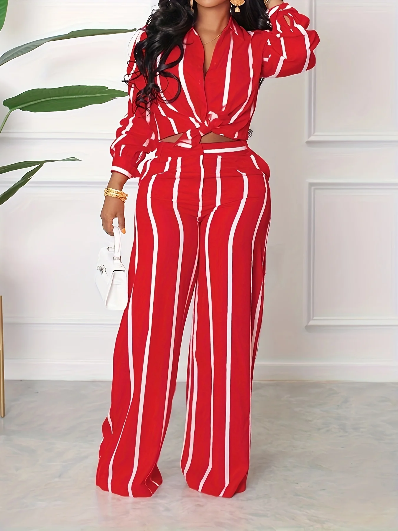 [Two-piece Set Long Sleeve Shirt] Striped Print Two-piece Set, Button Front Collar Long Sleeve Shirt & High Waist Wide Leg Loose Pants Set, Women's Clothing - Image 4