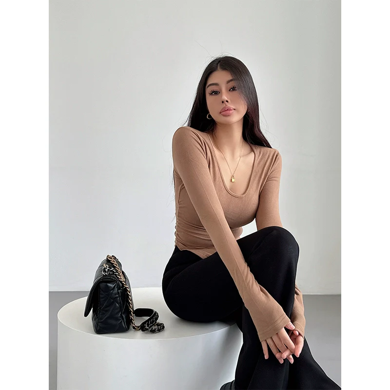 U-Neck Curved Long Sleeves Tight Waist Spring Slim-Fit Tight T-shirt - Image 10