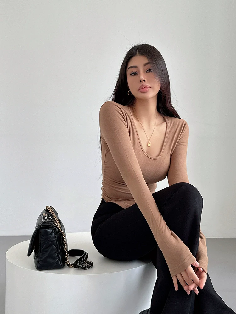 U-Neck Curved Long Sleeves Tight Waist Spring Slim-Fit Tight T-shirt - Image 4