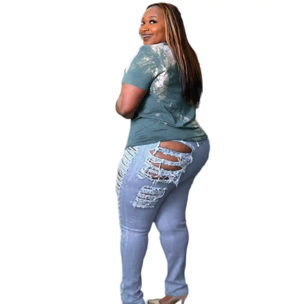 Unique Women Solid Ripped Jeans Big Size Lady Sexy Nightcub Wear High Waist Hollow Out High Resilience Bodycon Denim Pencil Pant - Image 3