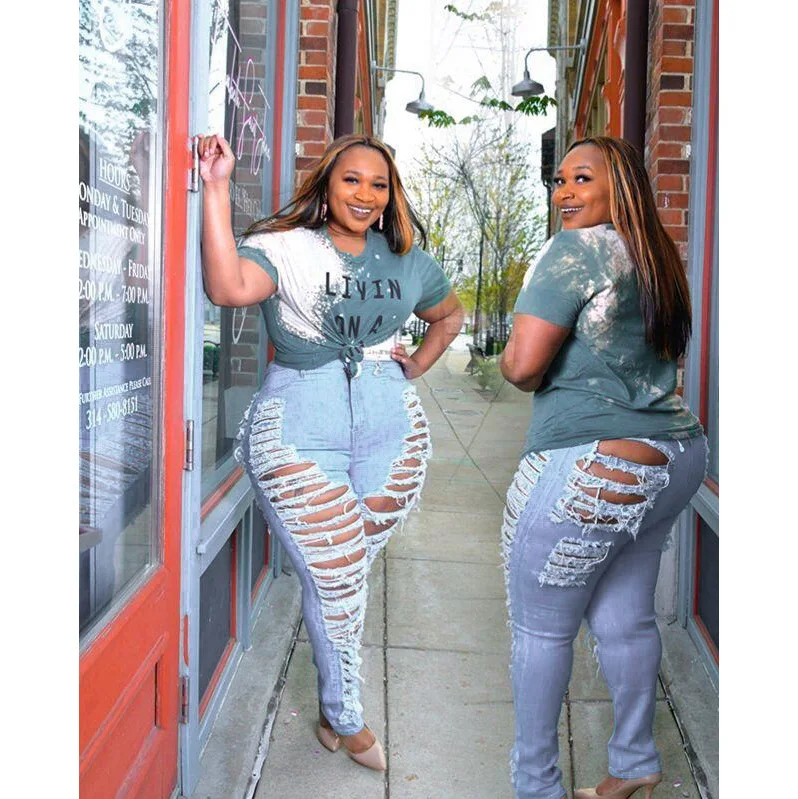 Unique Women Solid Ripped Jeans Big Size Lady Sexy Nightcub Wear High Waist Hollow Out High Resilience Bodycon Denim Pencil Pant - Image 4