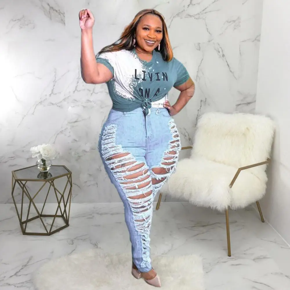 Unique Women Solid Ripped Jeans Big Size Lady Sexy Nightcub Wear High Waist Hollow Out High Resilience Bodycon Denim Pencil Pant - Image 5