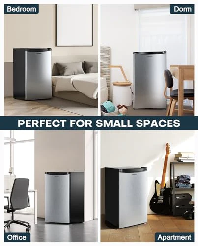 Upstreman 3.2 Cu.Ft Mini Fridge with Freezer, Single Door Mini Fridge, Adjustable Thermostat, Mini Refrigerator for Dorm, Office, Bedroom, Stainless Steel-SR321 - Image 4
