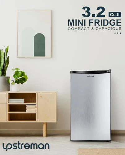 Upstreman 3.2 Cu.Ft Mini Fridge with Freezer, Single Door Mini Fridge, Adjustable Thermostat, Mini Refrigerator for Dorm, Office, Bedroom, Stainless Steel-SR321 - Image 5
