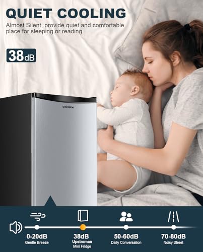 Upstreman 3.2 Cu.Ft Mini Fridge with Freezer, Single Door Mini Fridge, Adjustable Thermostat, Mini Refrigerator for Dorm, Office, Bedroom, Stainless Steel-SR321 - Image 6