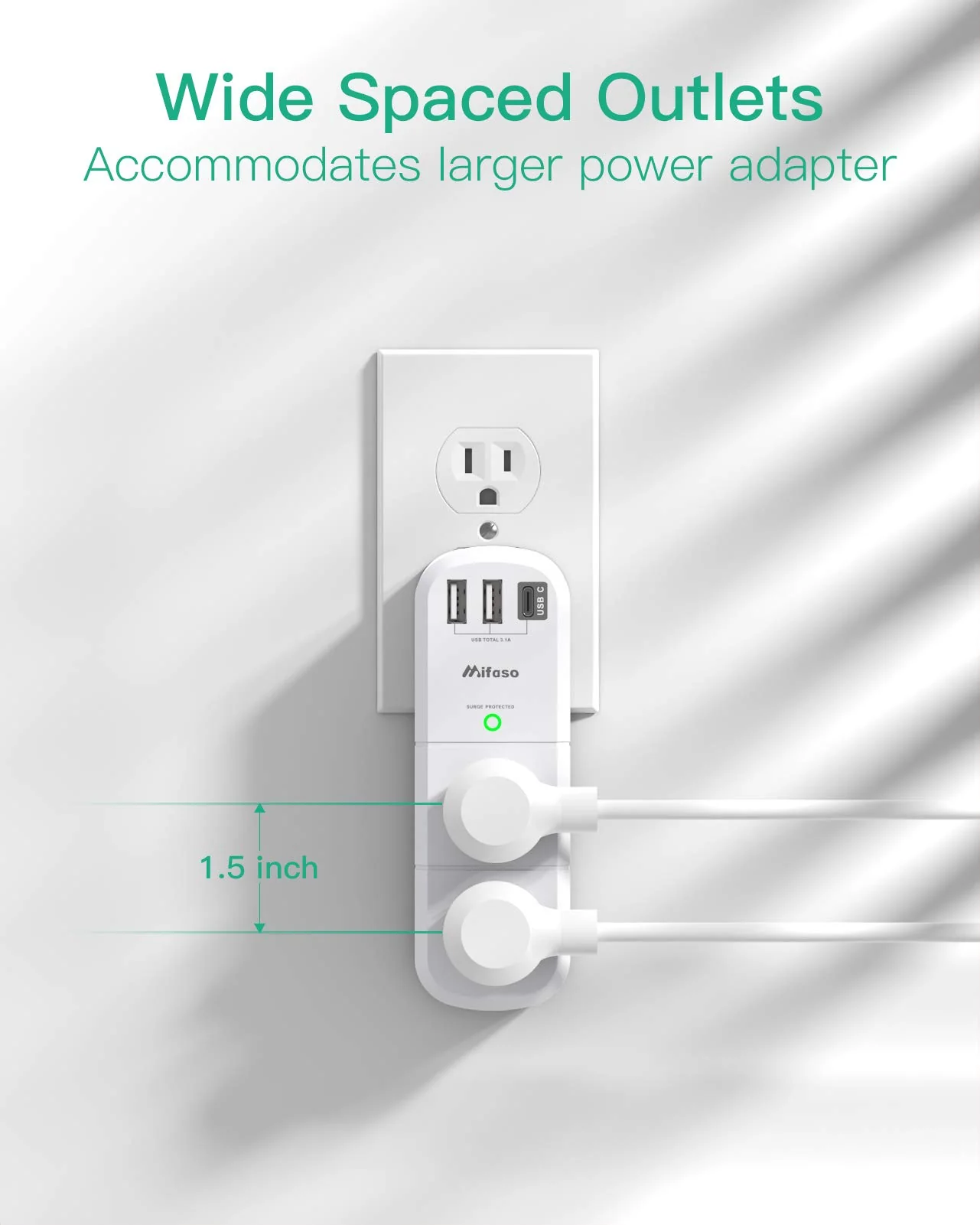 USB Outlet Extender Surge Protector - with Rotating Plug, 6 AC Multi Plug and 3 USB Ports (1 C), 1800 Joules, 3-Sided Swivel Power Strip Spaced Splitter for Home, Office, Travel - Image 4