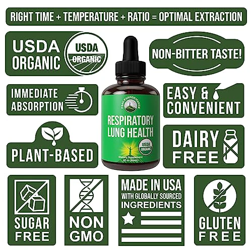 USDA Organic Lung Cleanse For Better Respiratory Health. 6-in-1 Liquid Drops Vegan Supplement For Lungs with Mullein Leaf, Marshmallow Root. Detox For Smokers And Non Smokers. No Sugar Tonic Tincture - Image 2