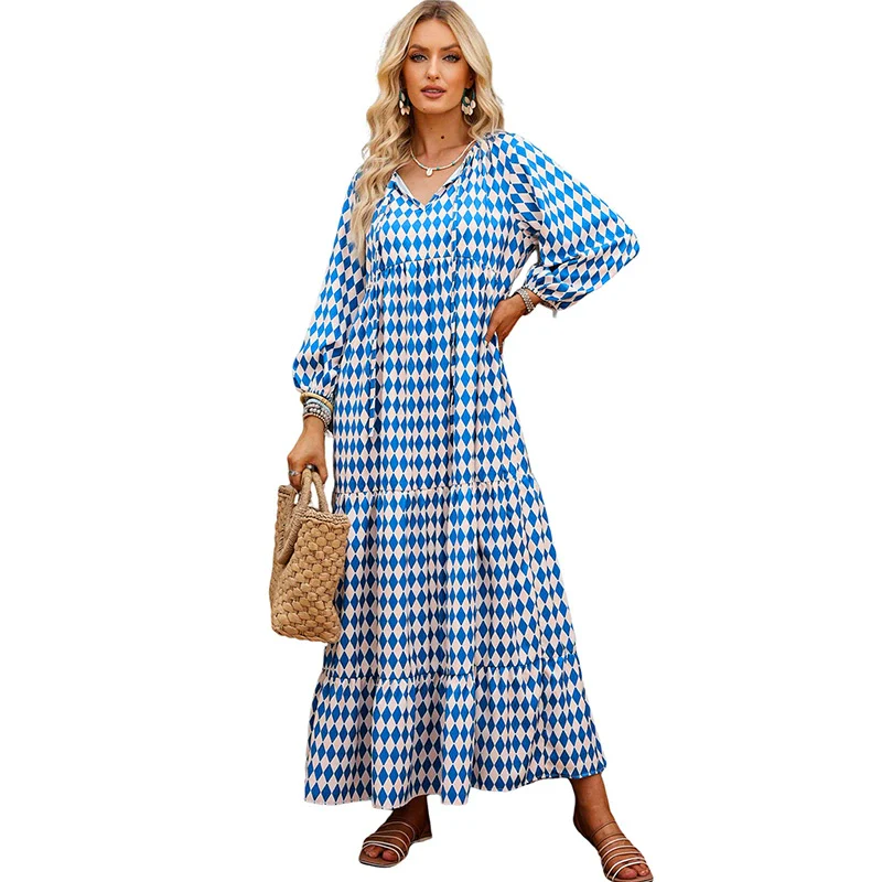 V Neck European and American Leisure Thin Geometric Print Dress - Image 10