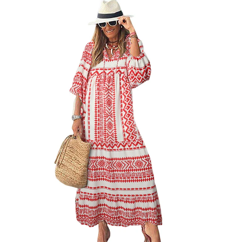 V Neck European and American Leisure Thin Geometric Print Dress - Image 11