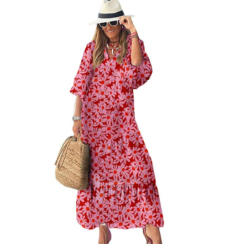 V Neck European and American Leisure Thin Geometric Print Dress - Image 12