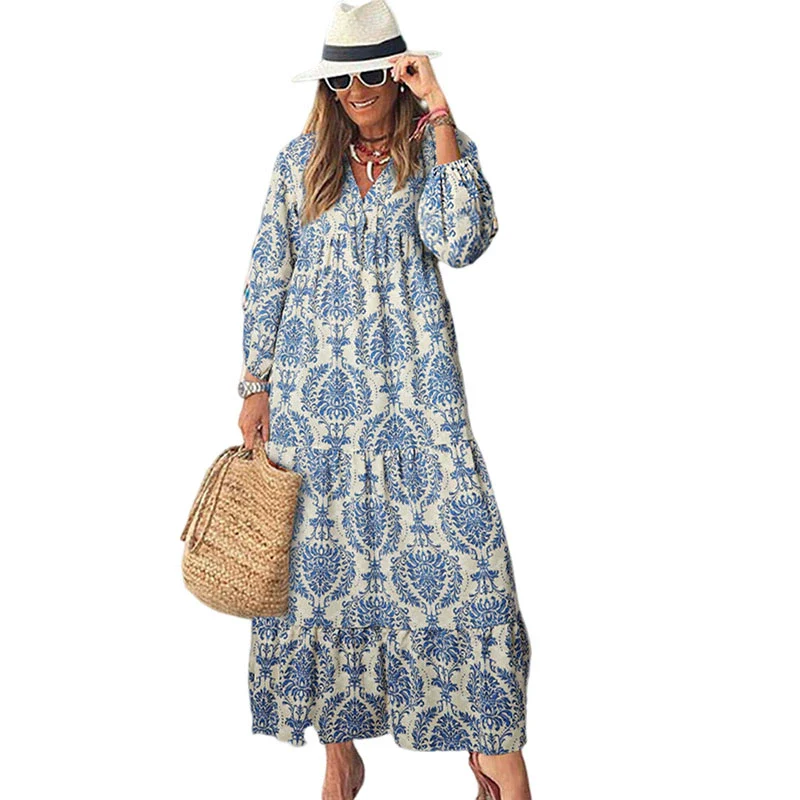 V Neck European and American Leisure Thin Geometric Print Dress - Image 13