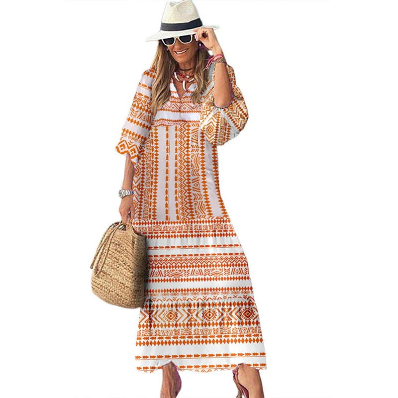 V Neck European and American Leisure Thin Geometric Print Dress - Image 14