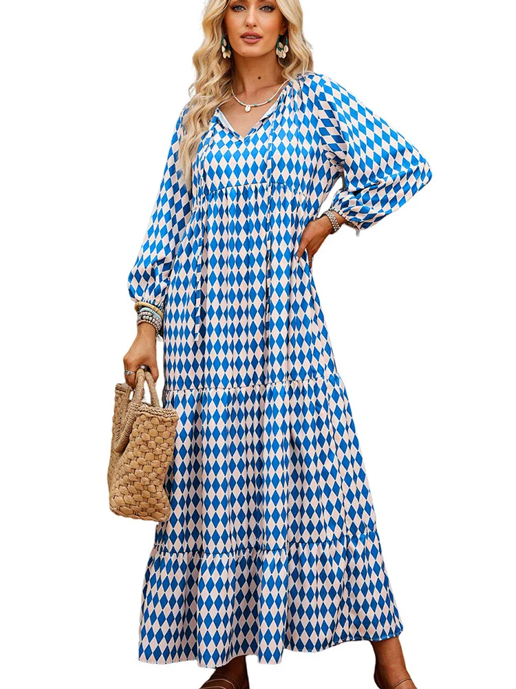 V Neck European and American Leisure Thin Geometric Print Dress - Image 5