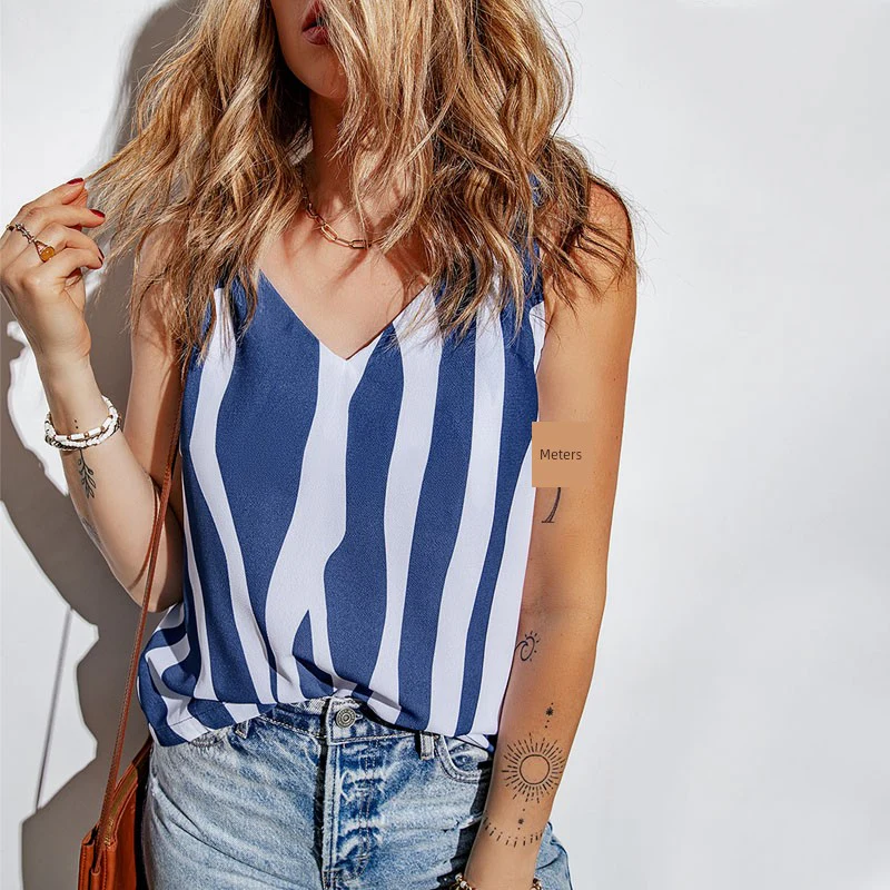 V Neck Fashion Loose Contrast Color Stripes Sleeveless Halter - Image 3