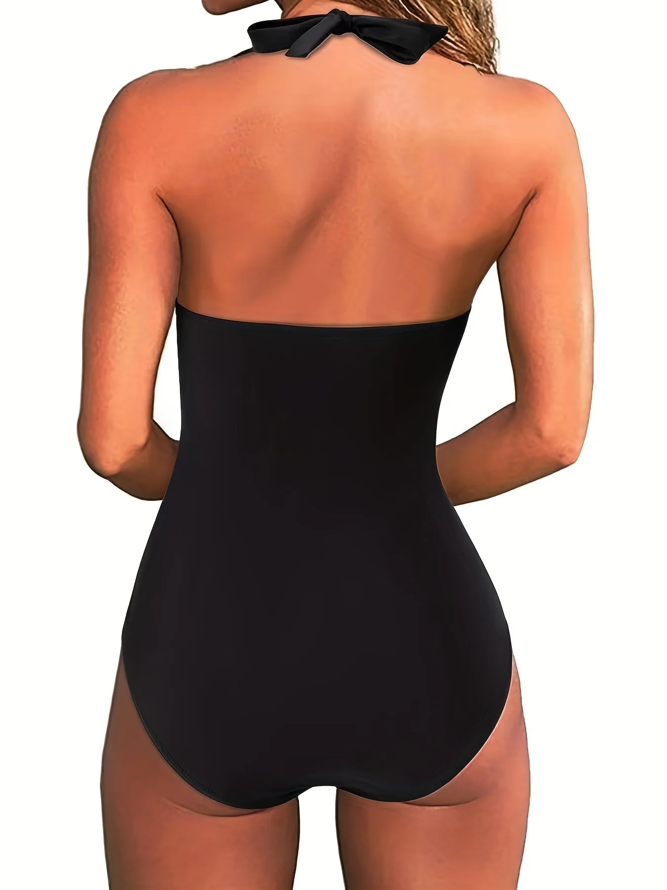 V Neck Halter Tie Neck One Piece Bathing Suit, Backless High Strech Plain Or Printed Swimsuit, Women's Swimwear & Clothing - Image 10