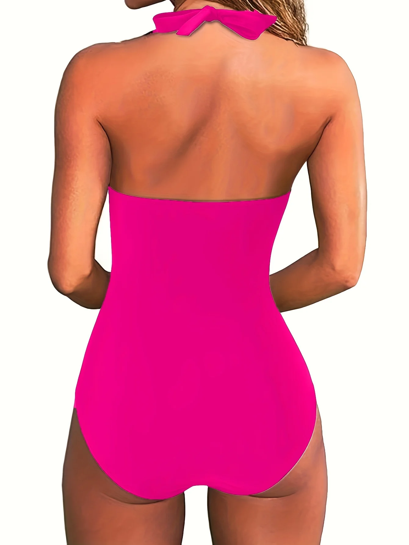V Neck Halter Tie Neck One Piece Bathing Suit, Backless High Strech Plain Or Printed Swimsuit, Women's Swimwear & Clothing - Image 7