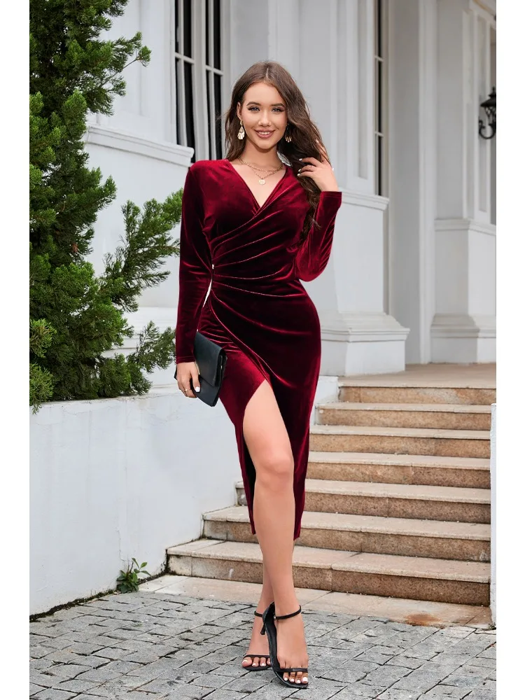 V-Neck Long Sleeve Elegant Dresses Autumn New Fold Bright Colors Golden Velvet Sheath Dress Split Hip Wrap Mid-calf Ladies Skirt - Image 5