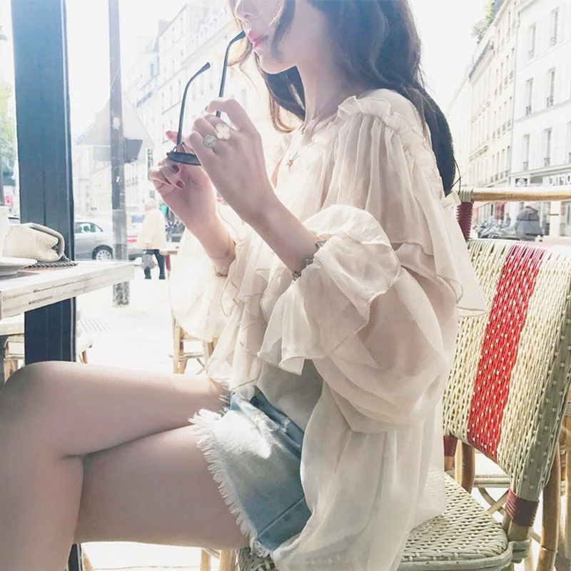 V-neck Sexy Shirts Women See Through Boho Mesh Blouse Summer Ruffle Flare Sleeve Elegant Peplum Tops Ruffles Ladies Blusas 13459 - Image 3