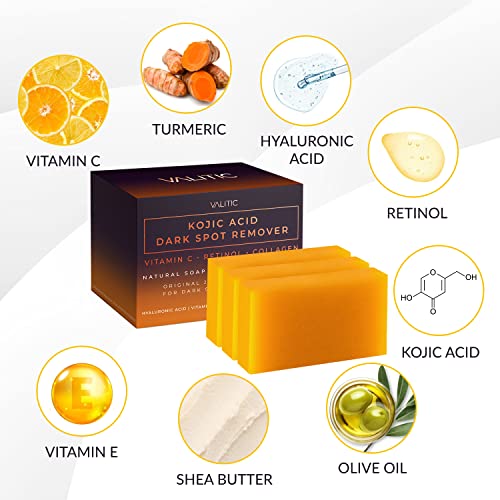 VALITIC Kojic Acid Dark Spot Remover Soap Bars with Vitamin C, Retinol, Collagen, Turmeric - Original Japanese Complex Infused with Hyaluronic Acid, Vitamin E, Shea Butter, Castile Olive Oil (3 Pack) - Image 3