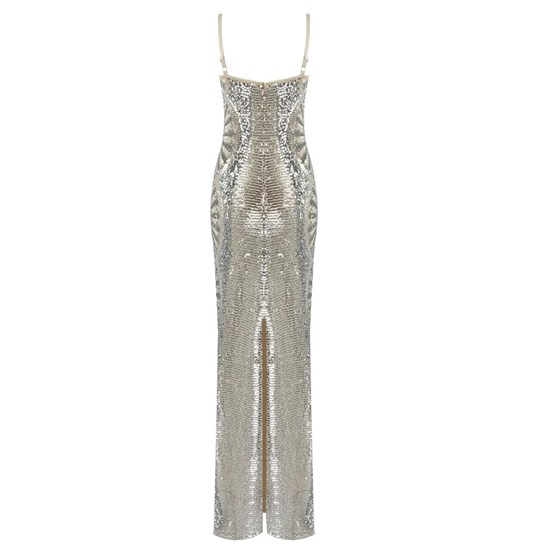 VC All Free Shipping Chic Silver Sequins Ruffles Design Sexy V Neck Backless Celebrity Party Club Maxi Long Slip Dress - Image 4