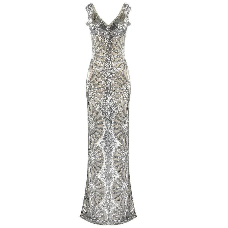 VC All Free Shipping Chic Silver Sequins Ruffles Design Sexy V Neck Backless Celebrity Party Club Maxi Long Slip Dress - Image 7