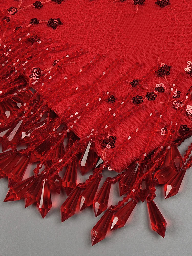 VC Women'S Sexy Luxury Dress Crystal Tassel Sequin Patchwork Lace Red Tight Mini Dress With Gloves Christmas New Year - Image 5