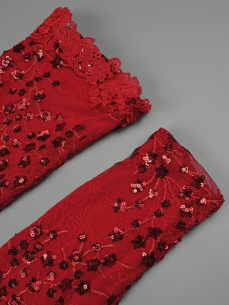 VC Women'S Sexy Luxury Dress Crystal Tassel Sequin Patchwork Lace Red Tight Mini Dress With Gloves Christmas New Year - Image 6
