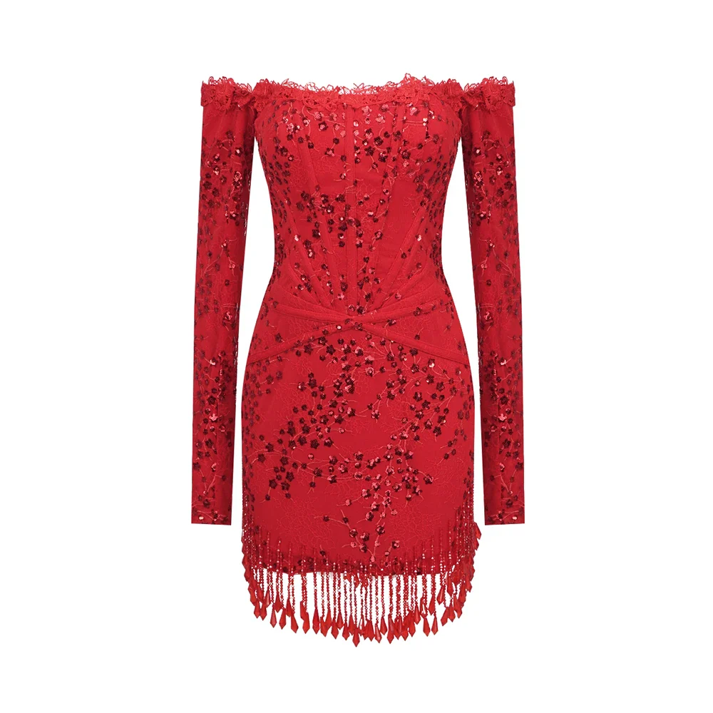 VC Women'S Sexy Luxury Dress Crystal Tassel Sequin Patchwork Lace Red Tight Mini Dress With Gloves Christmas New Year - Image 7