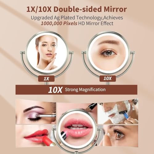 VESAUR Professional 8.5" Large Lighted Makeup Mirror Updated with 3 Color Lights, 1X/10X Magnifying Swivel Vanity Brightness Dimmable Cosmetic Mirror with 48 Premium LED Lights, Senior Pearl Nickel - Image 7