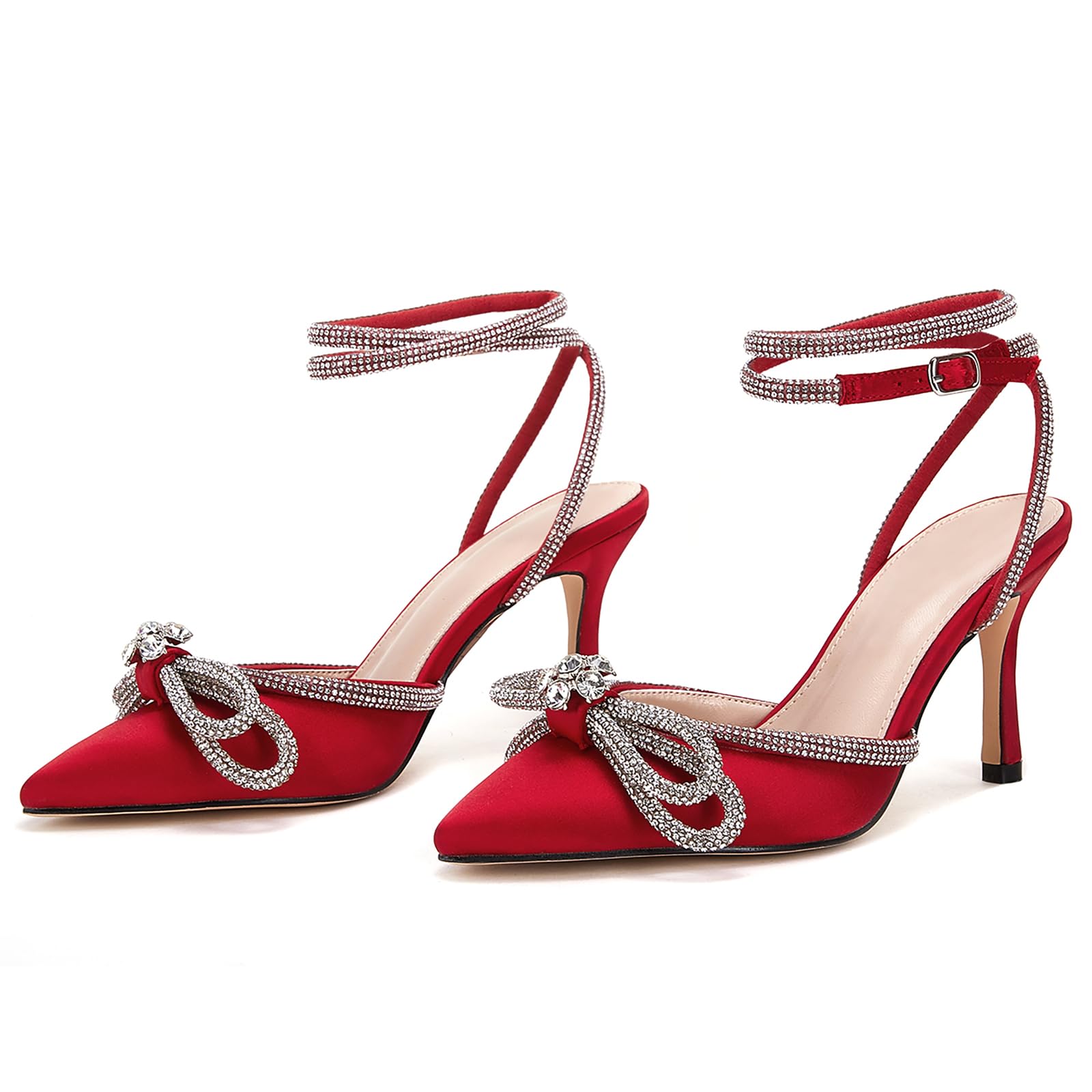VETASTE Women's Double Bow Pointed Toe Ankle Strap Crystal Pumps Wedding Bridal Party Stilettos Backless Satin Heeled Sandals,Wine Red, Size 8.5 - Image 3