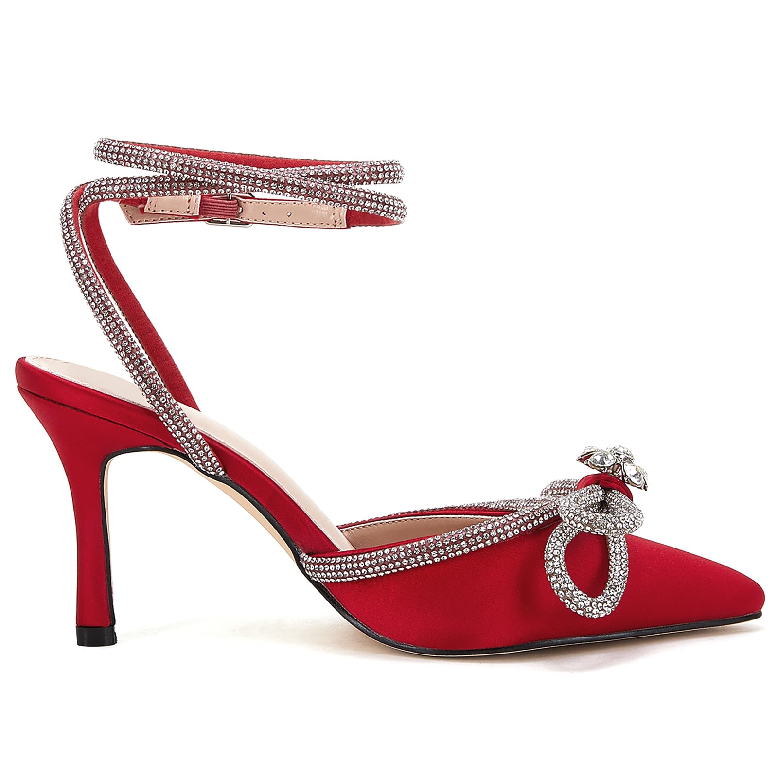 VETASTE Women's Double Bow Pointed Toe Ankle Strap Crystal Pumps Wedding Bridal Party Stilettos Backless Satin Heeled Sandals,Wine Red, Size 8.5 - Image 4