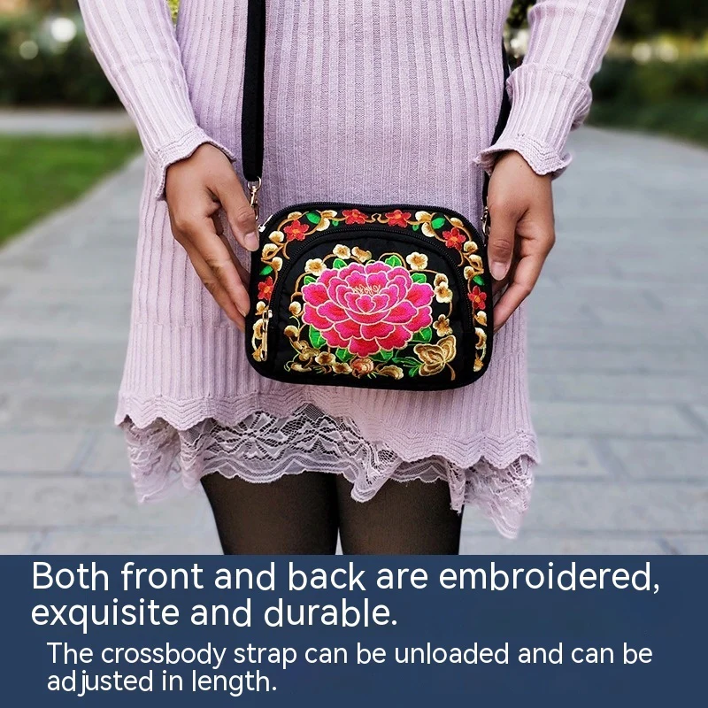 [Vibrant Crossbody Bag] Lightweight Double-Sided Vibrant Floral Embroidered Crossbody Bag for Women | Detachable Strap, Zipper Closure, Phone Pocket - Perfect for Casual Outings, Travel Accessory - Image 2
