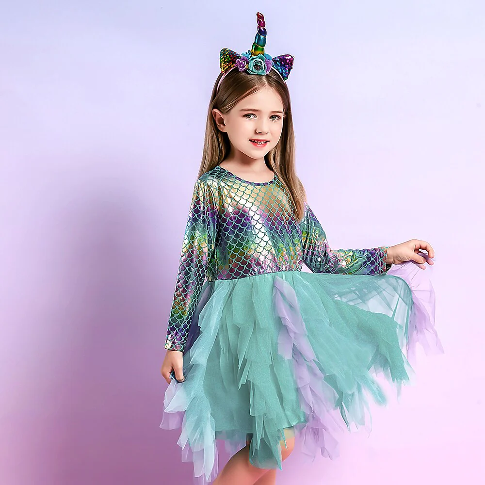 VIKITA Kids Tutu Dress for Girls Long Sleeve Party Prom Vestidos Toddlers Mermaid Unicorn Dresses Kids Princess Autumn Dress - Image 16