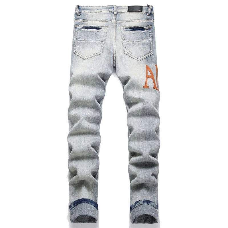 Vintage Blue Ripped Men's Jeans Mid-Waist Stretch Fashion Letter Print Casual Pants Street Trend Wear - Image 2