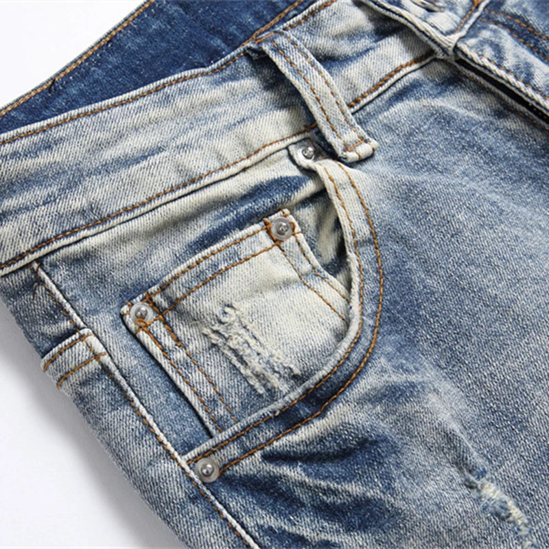 Vintage Blue Ripped Men's Jeans Mid-Waist Stretch Fashion Letter Print Casual Pants Street Trend Wear - Image 3