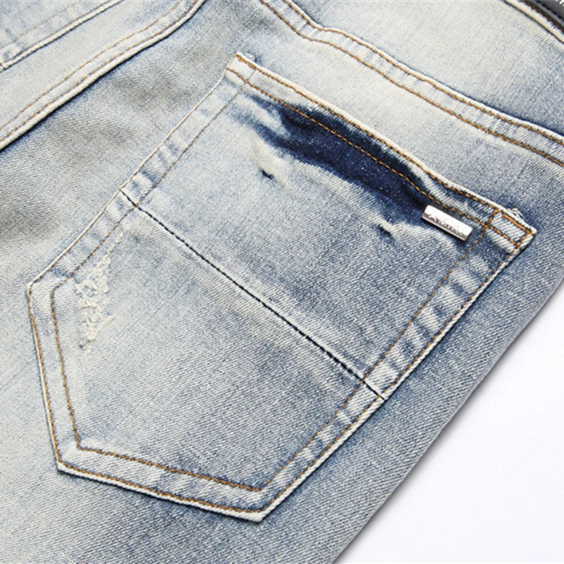 Vintage Blue Ripped Men's Jeans Mid-Waist Stretch Fashion Letter Print Casual Pants Street Trend Wear - Image 4