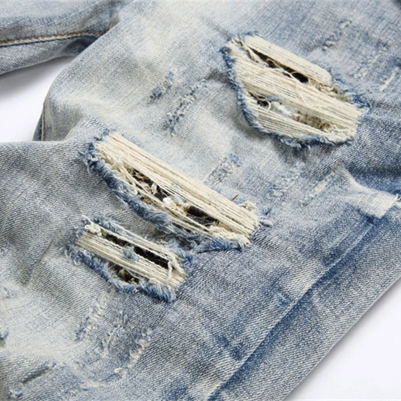 Vintage Blue Ripped Men's Jeans Mid-Waist Stretch Fashion Letter Print Casual Pants Street Trend Wear - Image 5