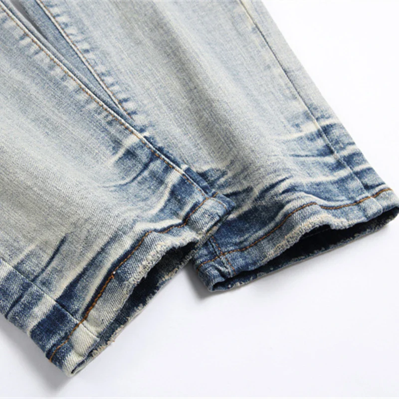 Vintage Blue Ripped Men's Jeans Mid-Waist Stretch Fashion Letter Print Casual Pants Street Trend Wear - Image 6