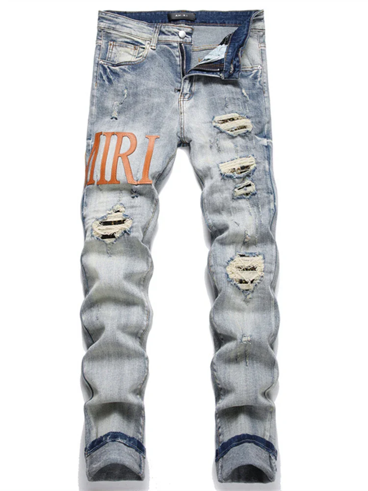 Vintage Blue Ripped Men's Jeans Mid-Waist Stretch Fashion Letter Print Casual Pants Street Trend Wear - Image 7