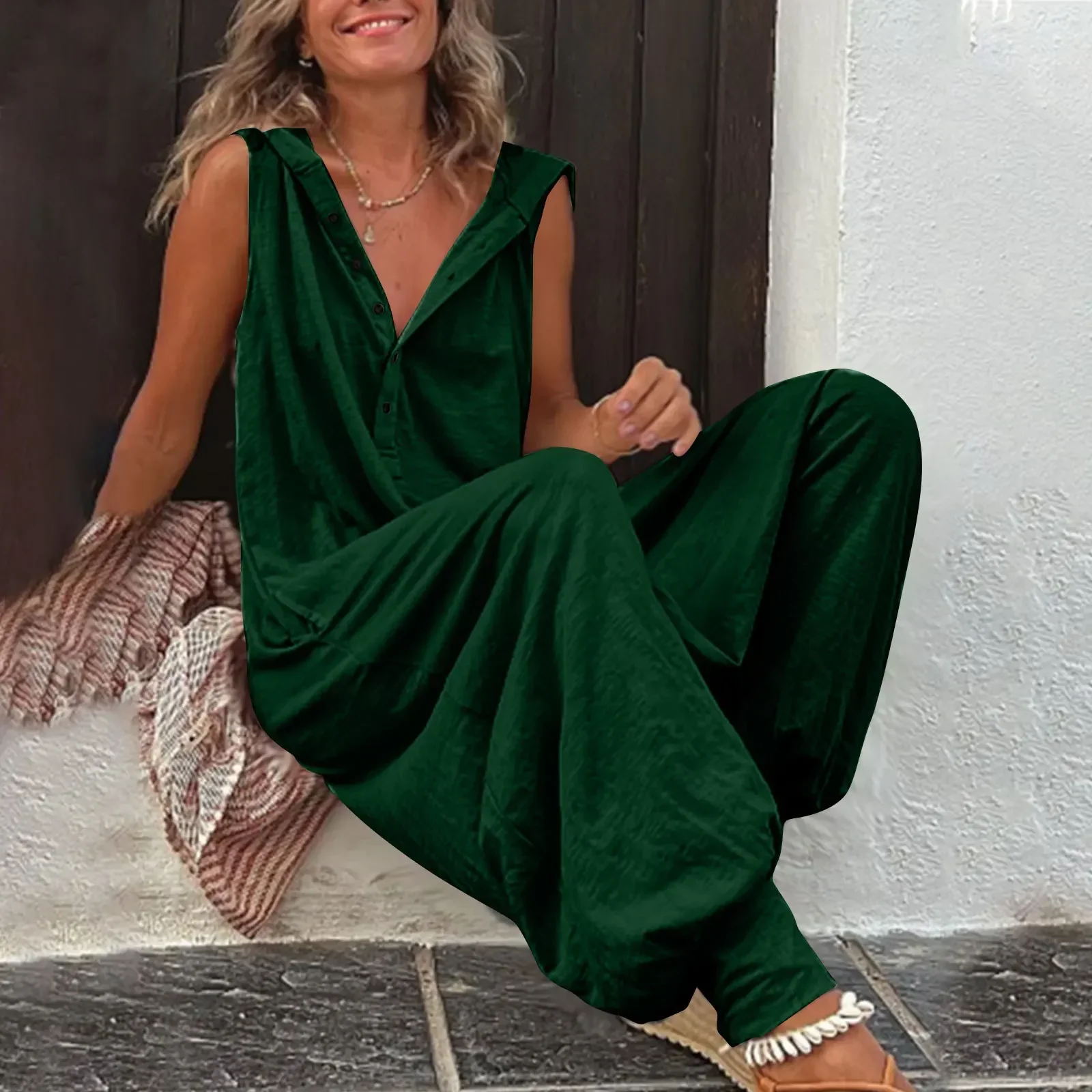 Vintage Button Jumpsuit Summer Women Causal Beach Cross-pants Playsuit Fashion Loose Solid Sleeveless Hooded Romper Streetwear - Image 10