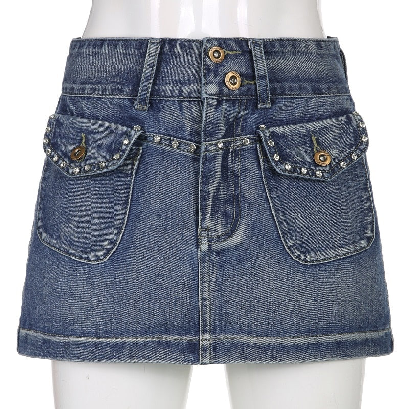 Vintage Diamonds Denim Mini Skirts Y2K Aesthetic Korean Kawaii Low Rise Skinny Wrap Bodycon Jeans Penceil Skirt Women Streetwear - Image 2