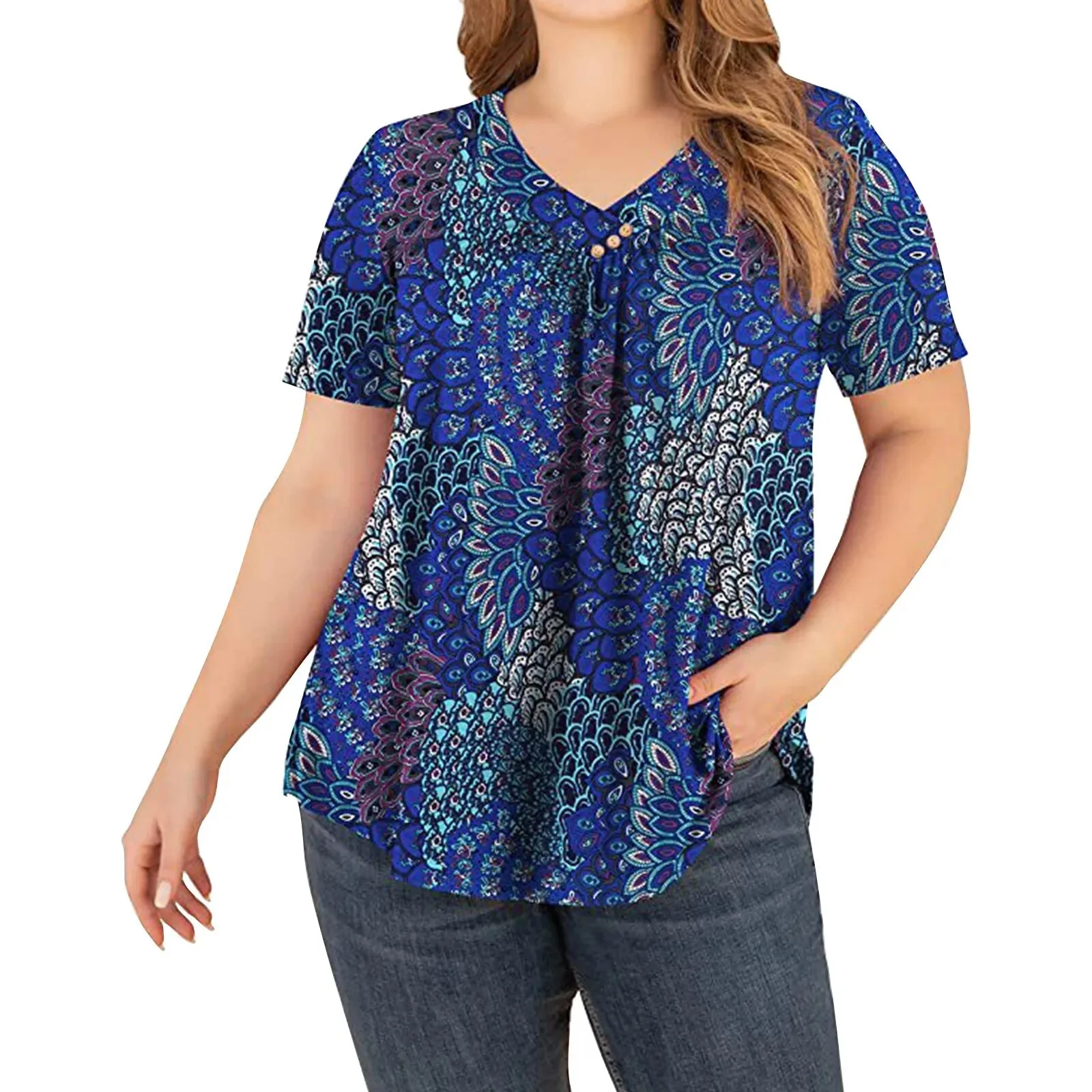 Vintage Floral Pleated Tunic Tops Summer Women'S Boho Print Casual Short Sleeve Button Shirt 2023 Summer Loose Pullover Blusas - Image 6
