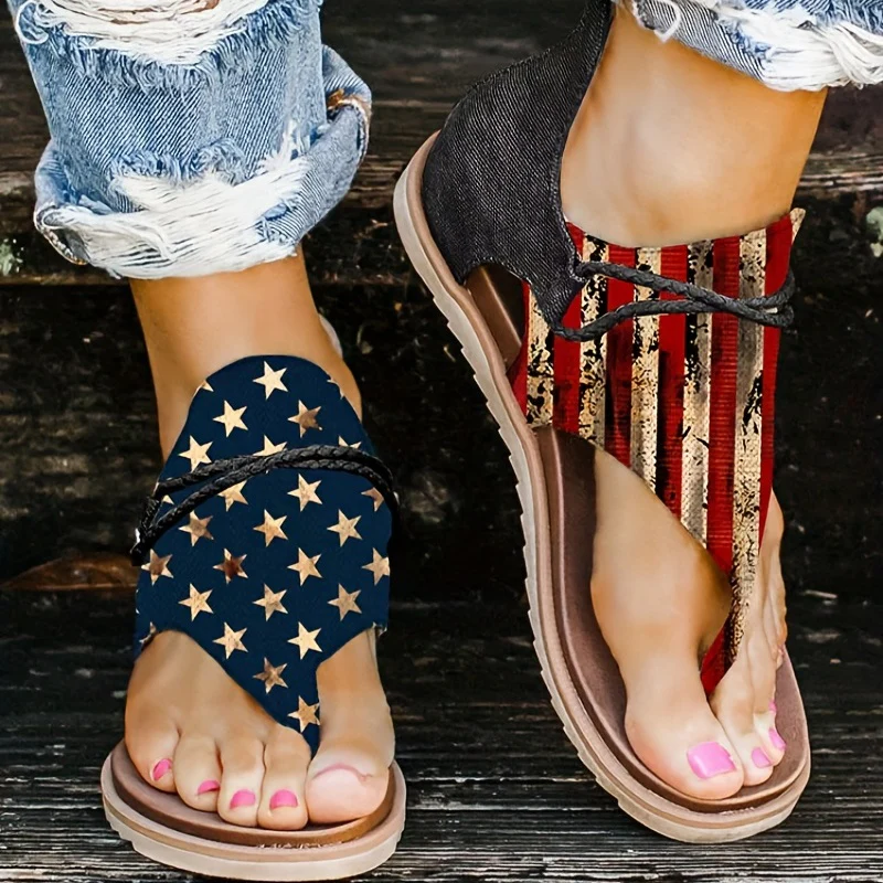 [Vintage Gladiator Sandals] Vintage Style Gladiator Sandals - Striped Independence Day Flat Heel with Zip Closure, Split Toe Design, EVA Sole, Faux Cover Insole & Lining - Image 2